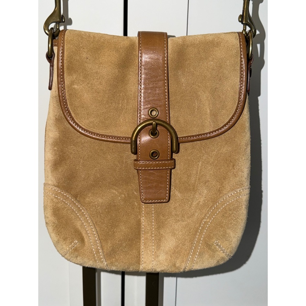 Coach Suede Leather Crossbody Bag Tan Buckle Flap Small Messenger
